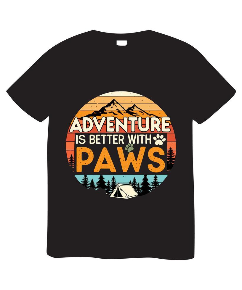 Black t-shirt with vintage-style graphic of mountains, forest, and camping tent, perfect for dog lovers. vector
