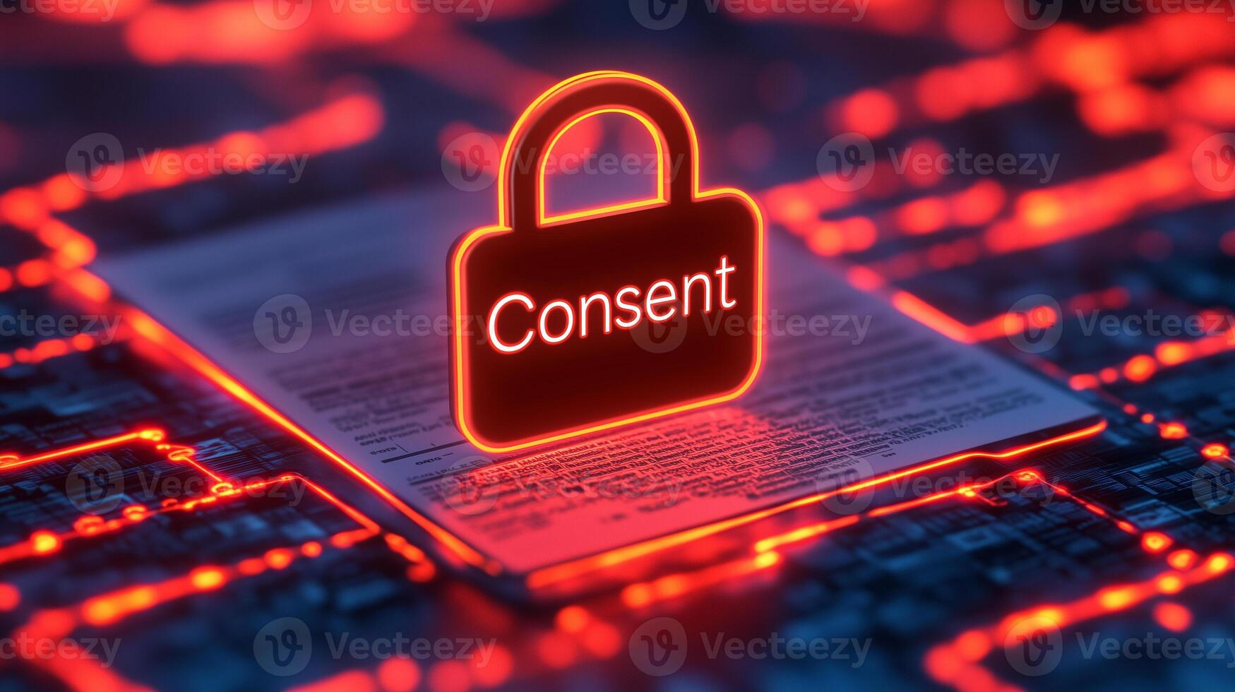 3D illustration of a lock with the word consent placed on a document surrounded with data photo