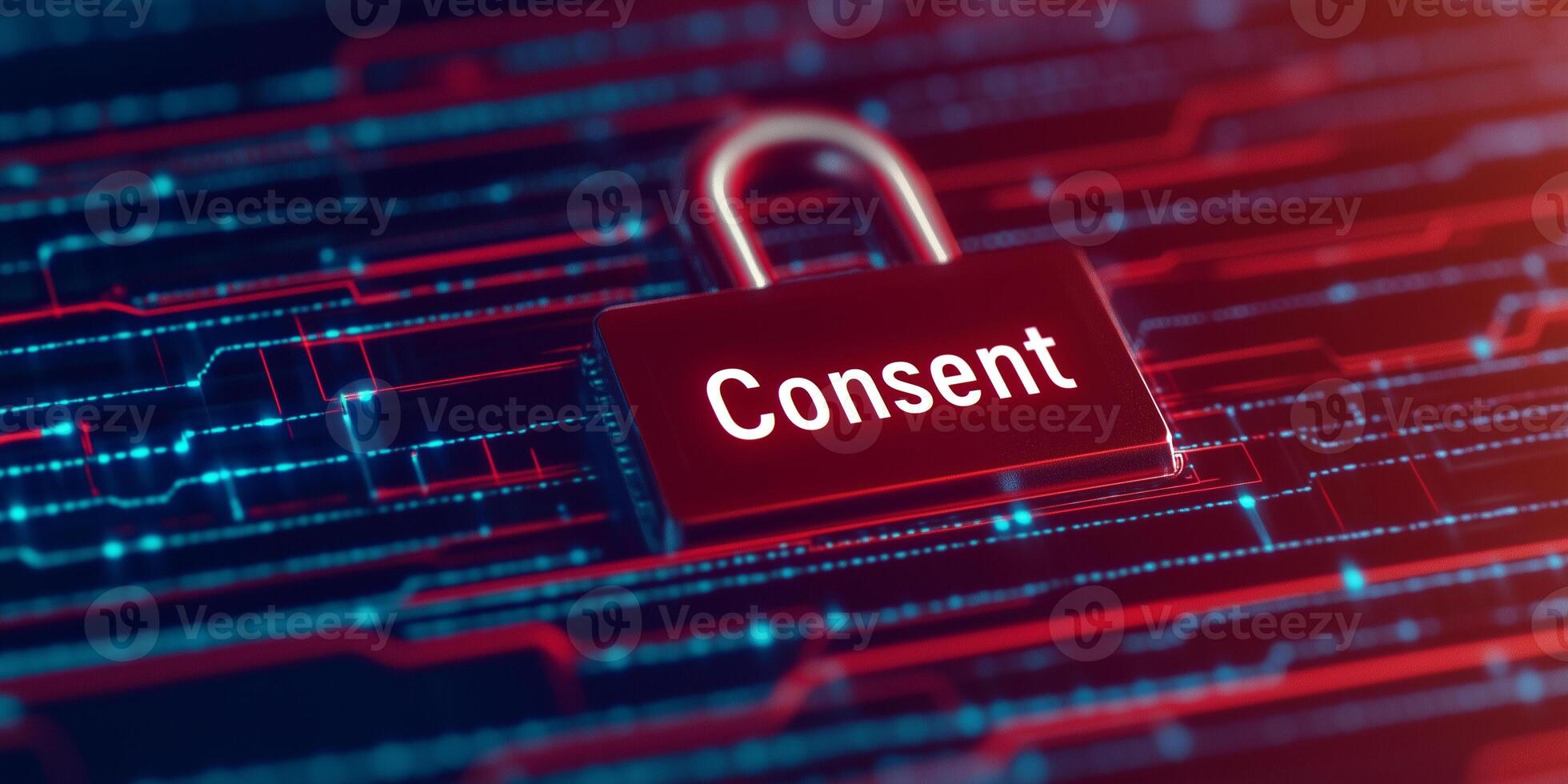 A 3D lock symbol with the word consent against digital background photo