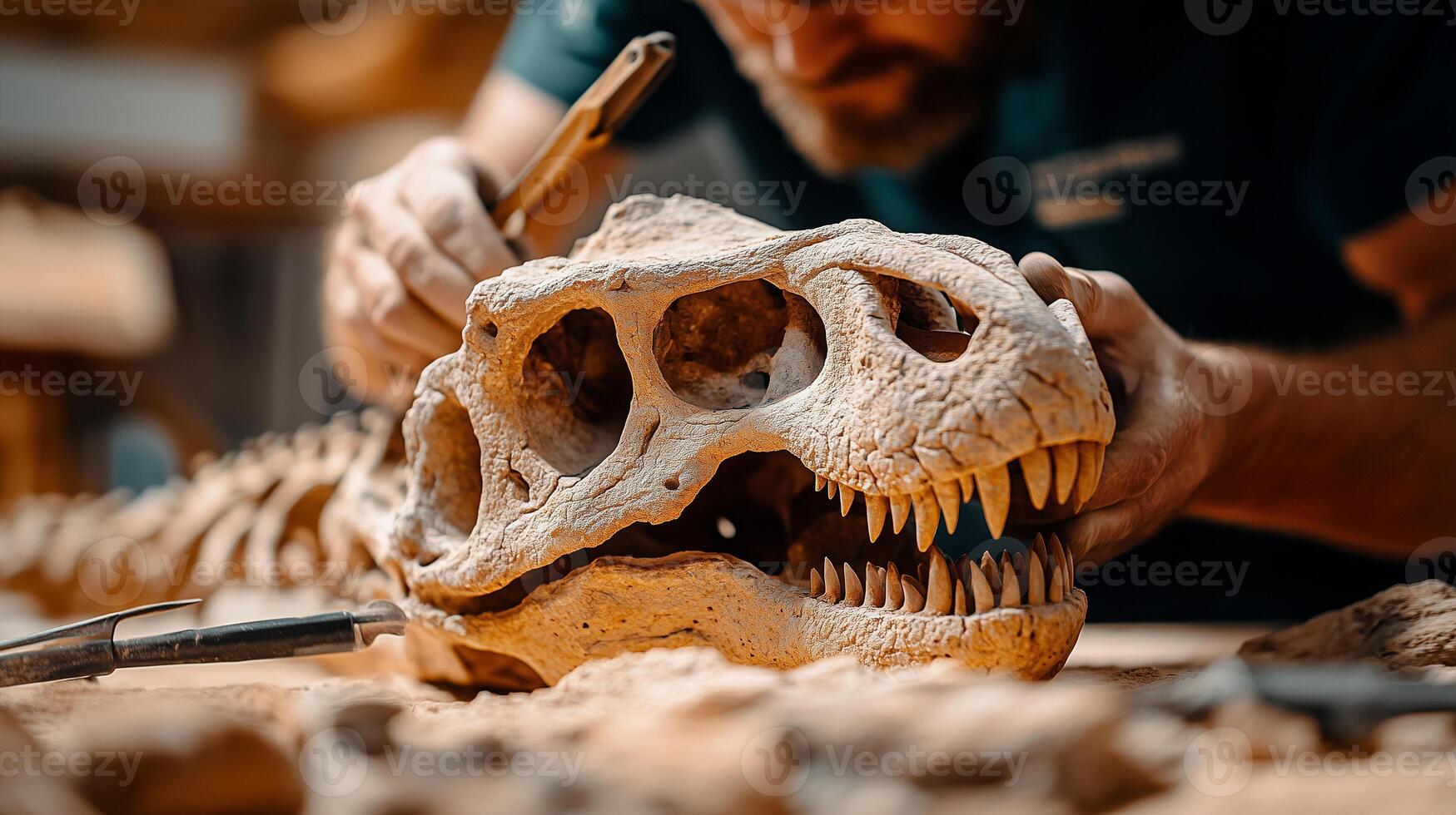 A close-up of a paleontologist uncovering a massive dinosaur skull fossil, carefully brushing away dirt and dust photo