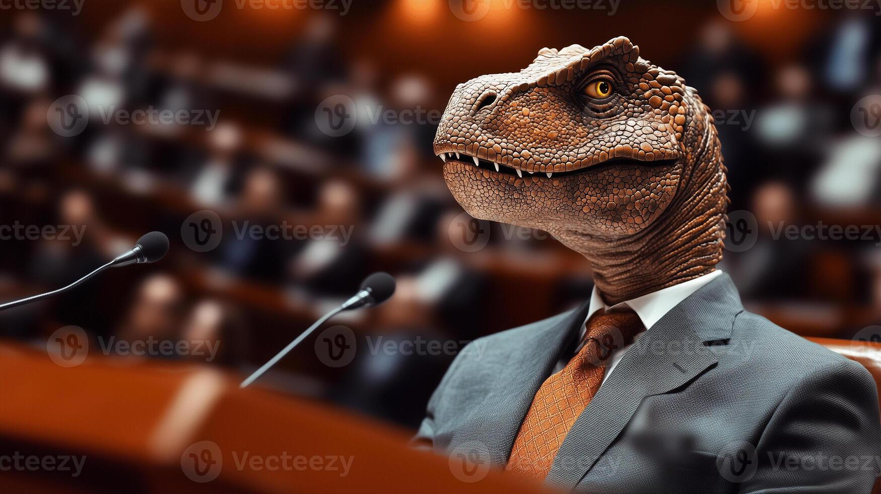 A dinosaur as a politician with necktie having the speech in a parliament hall photo