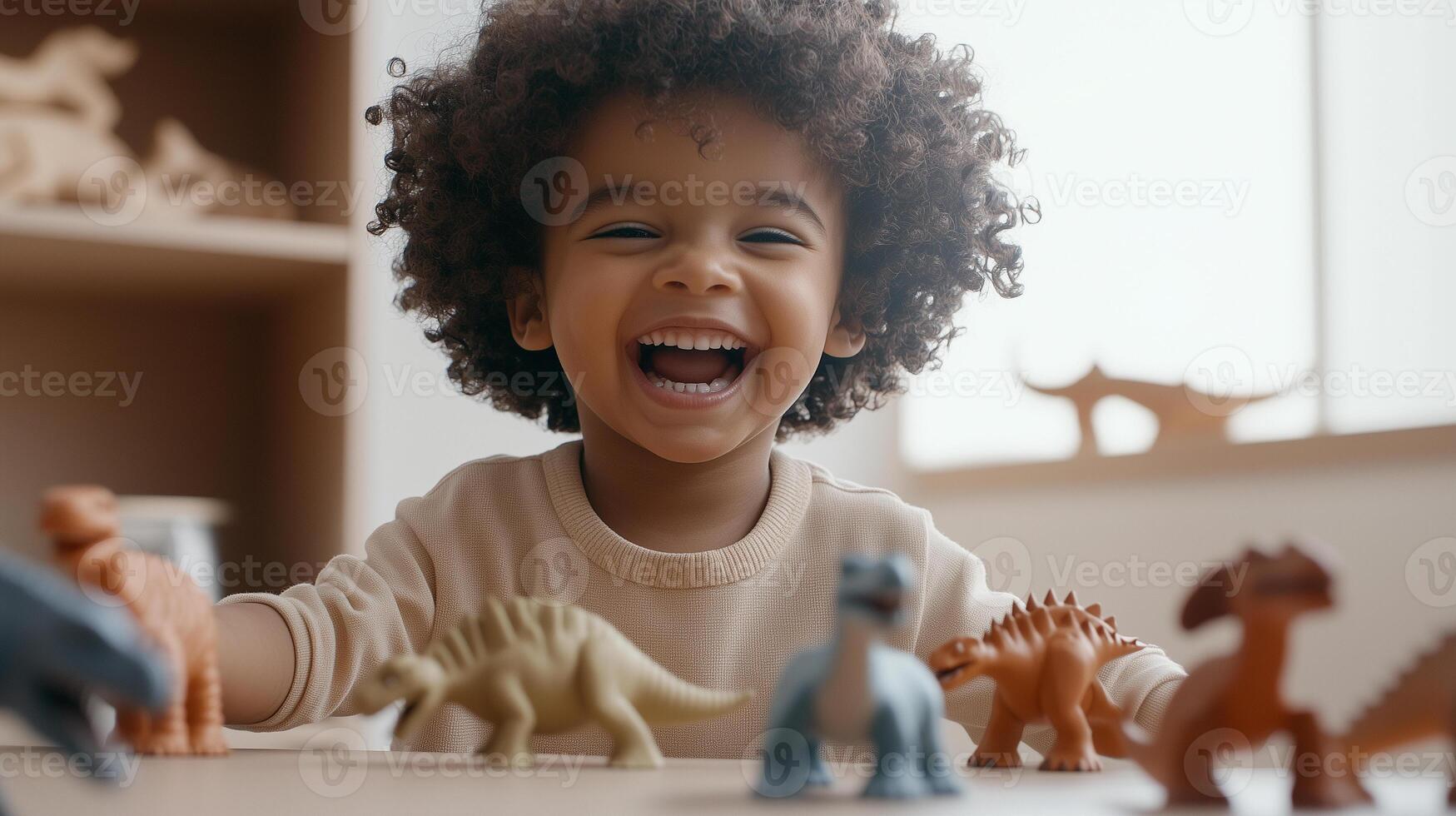 4 years old black kid laughing while playing with dinosaurs toys at home photo