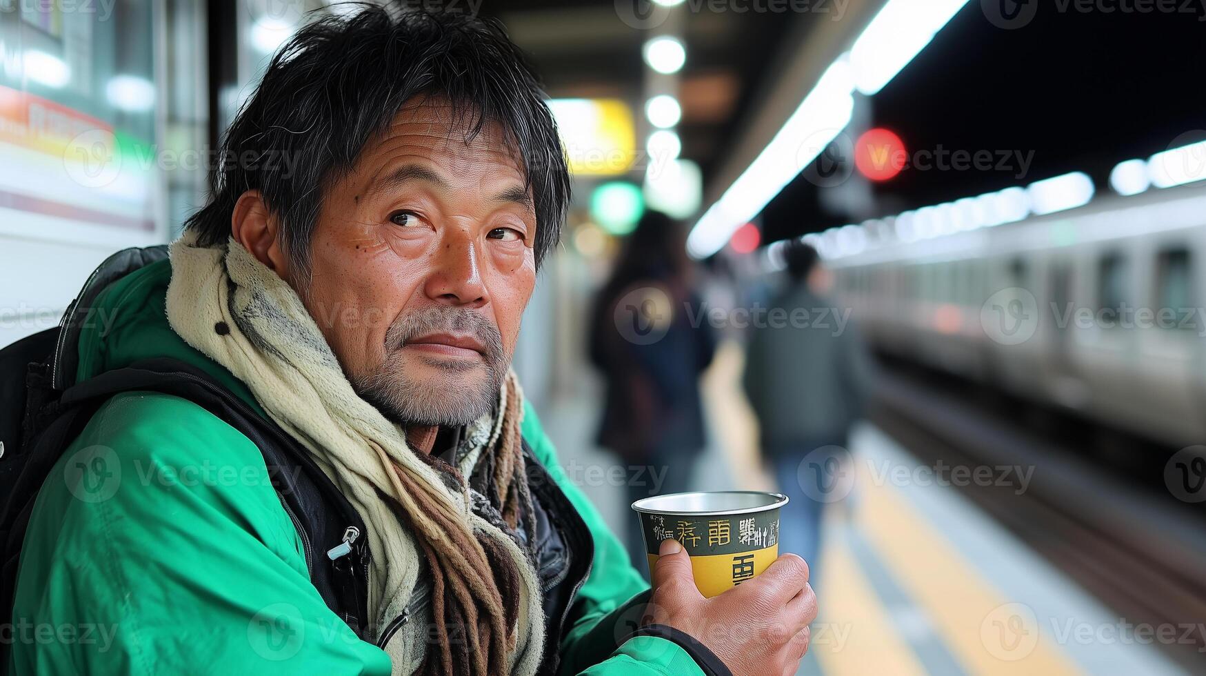 a man holding a cup of coffee in front of a train photo