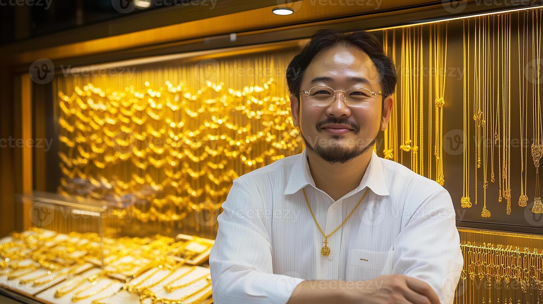 a man in a white shirt standing in front of a display of gold photo