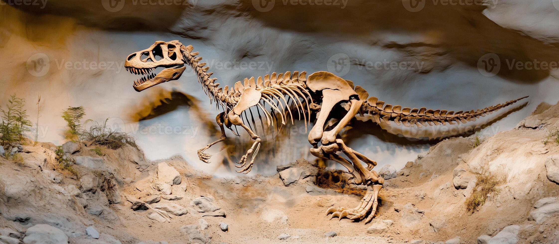 dinosaur skeleton fossil displayed in an excavation pit photo