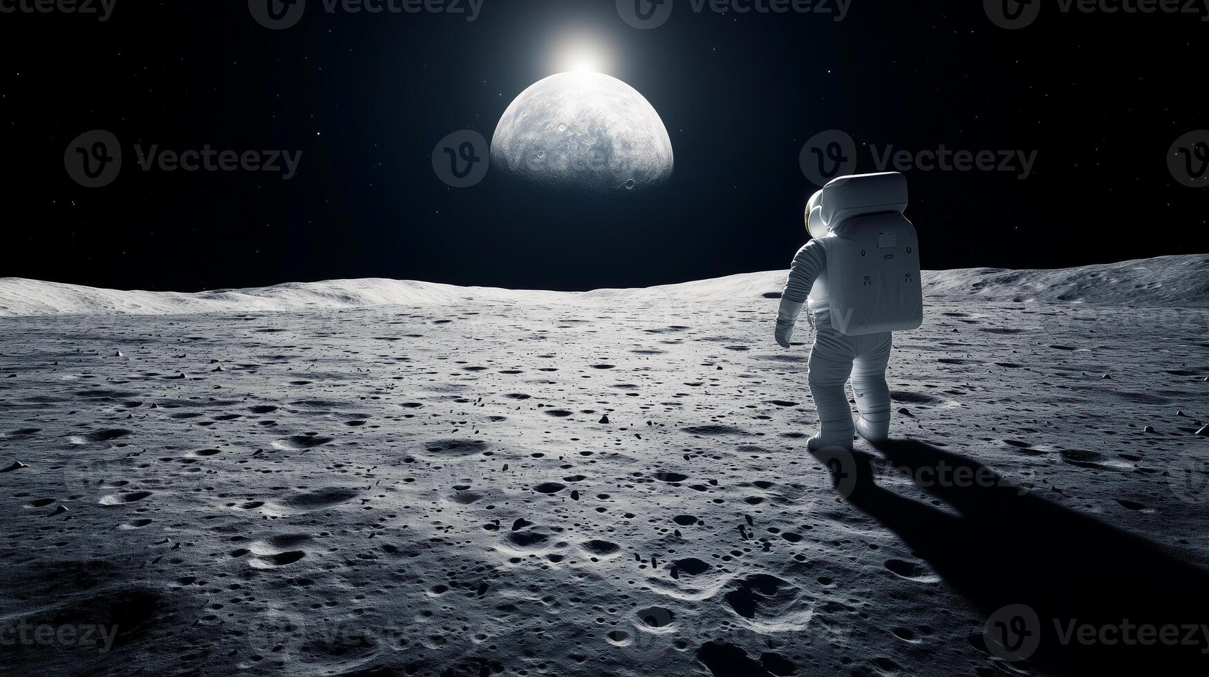 an astronaut on moon surface watching the earth photo
