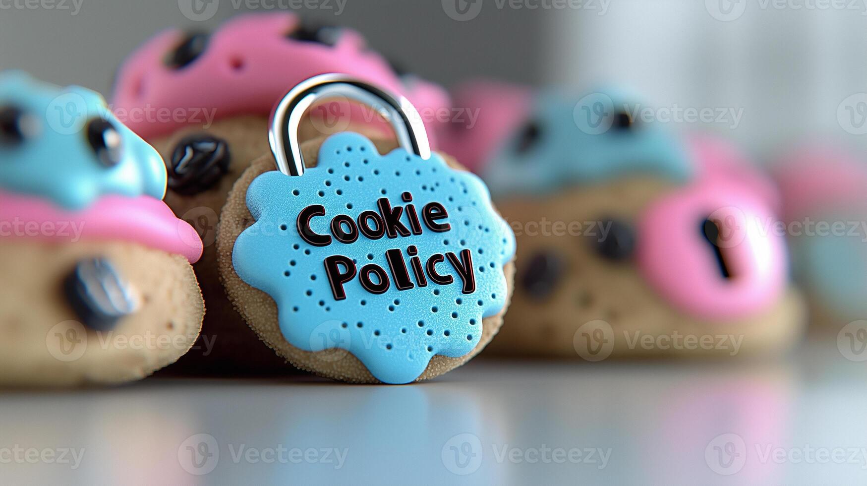 3D illustration of a cookie symbol next to a lock icon, representing data protection, with a digital banner labeled Cookie Policy photo