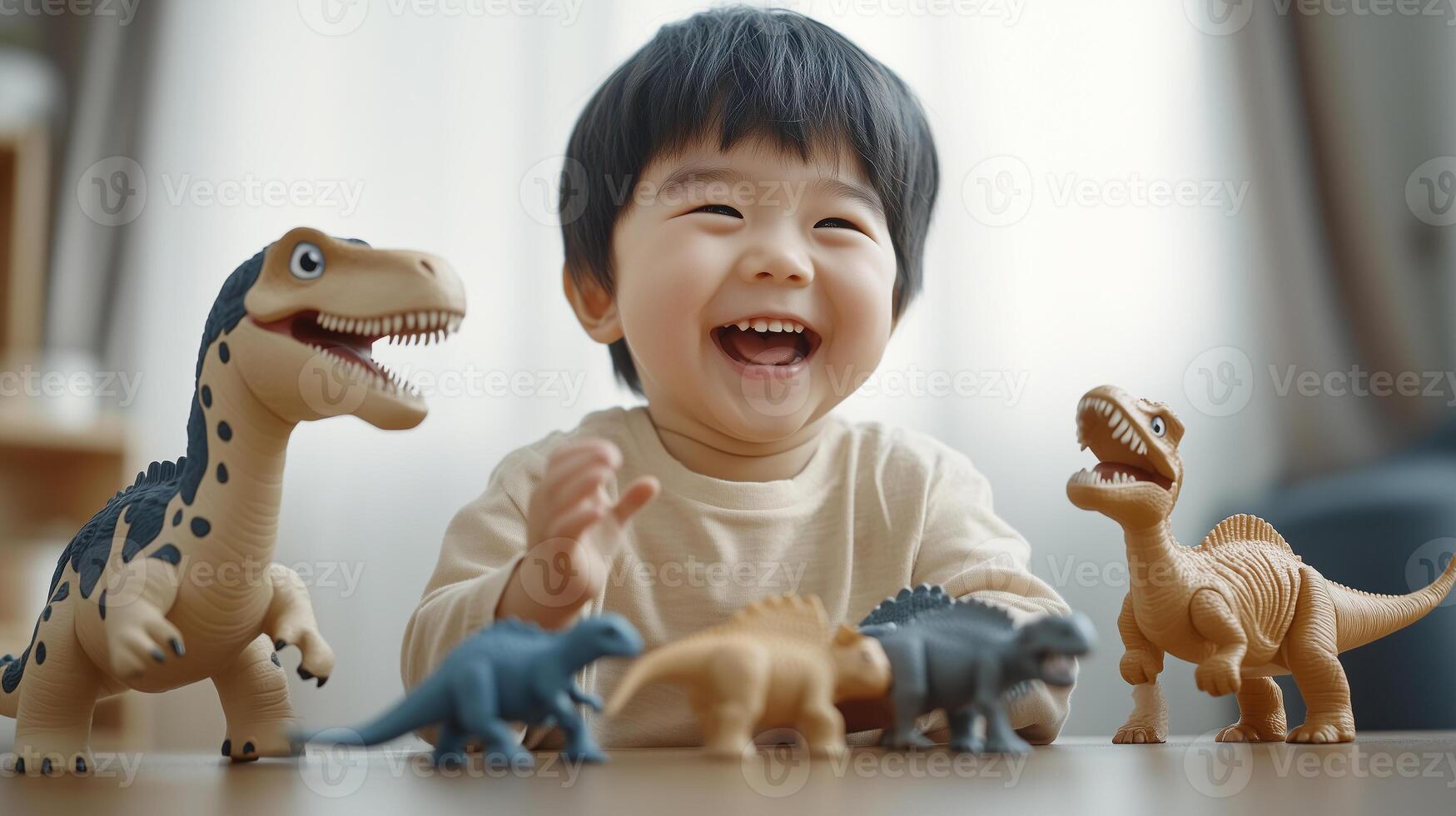 4 years old asian kid laughing while playing with dinosaurs toys at home photo