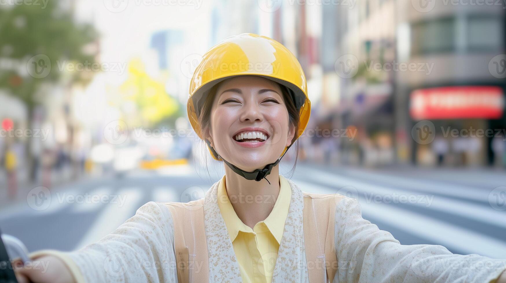 smiling asian female engineer wearing a helmet standing in the street photo
