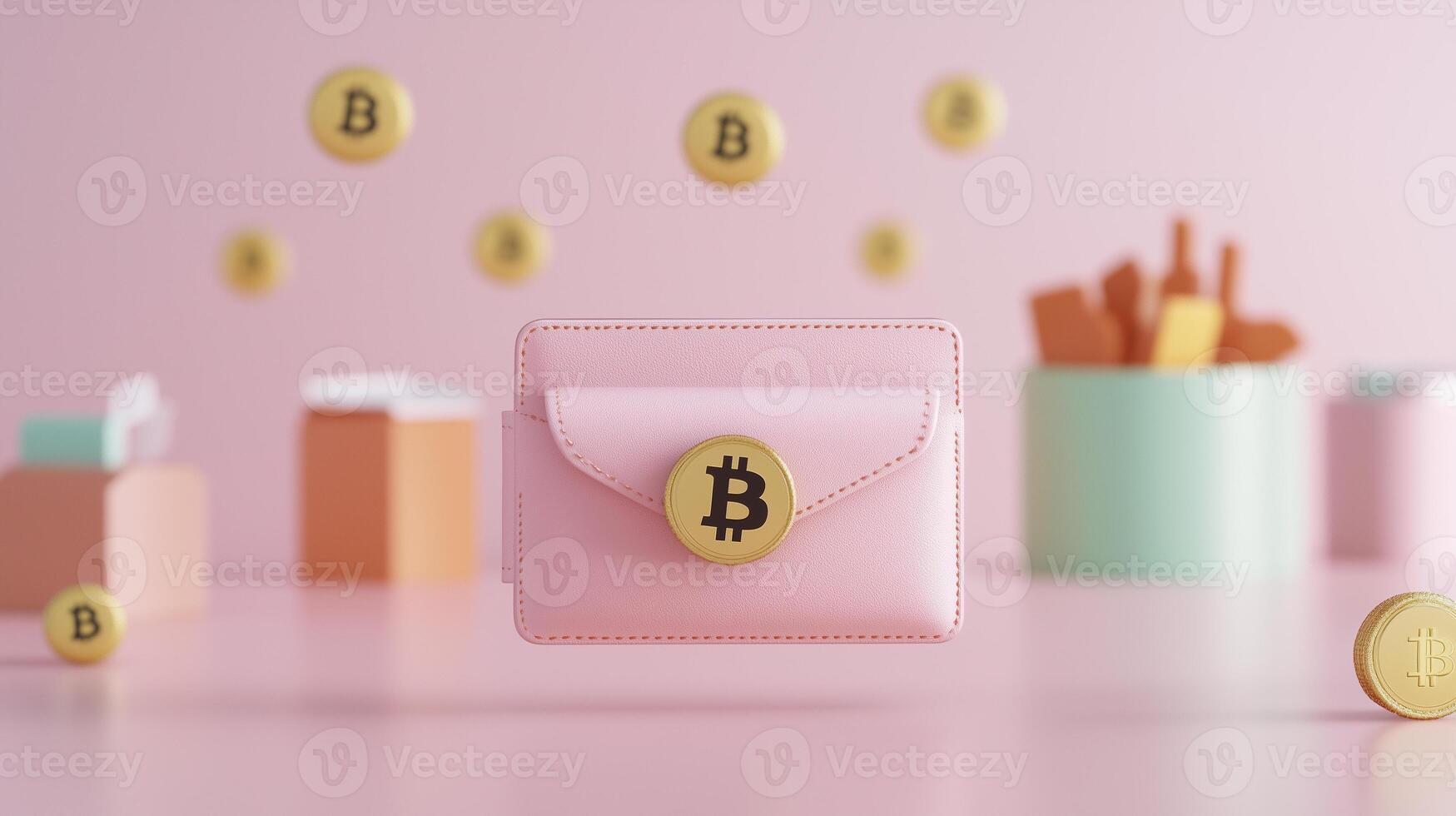 bitcoin wallet with coins on pink background 3d render photo