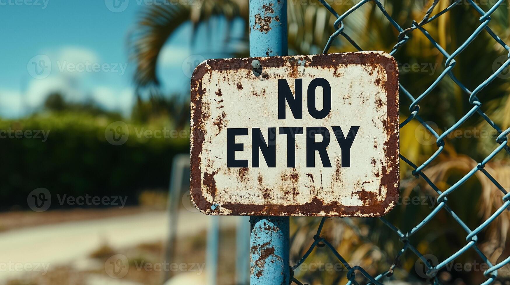 a no entry sign on a chain link fence photo