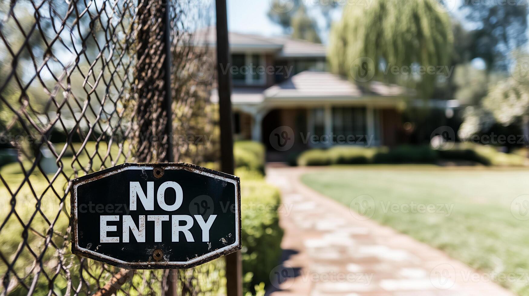 NO ENTRY warning sign on fence in front of a house photo