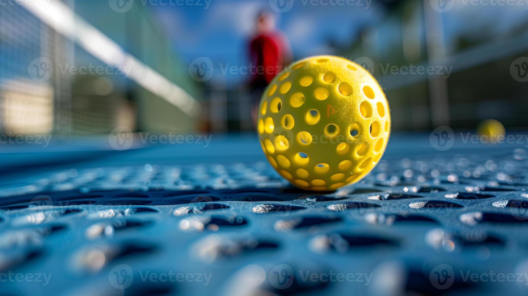 close up of a Pickleball on the ground in the court photo