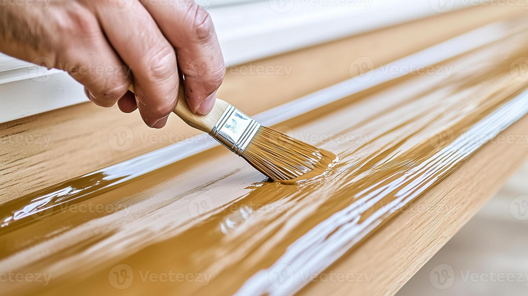hand holding a small paintbrush, carefully painting the clear lacquer on the edge of a door frame photo