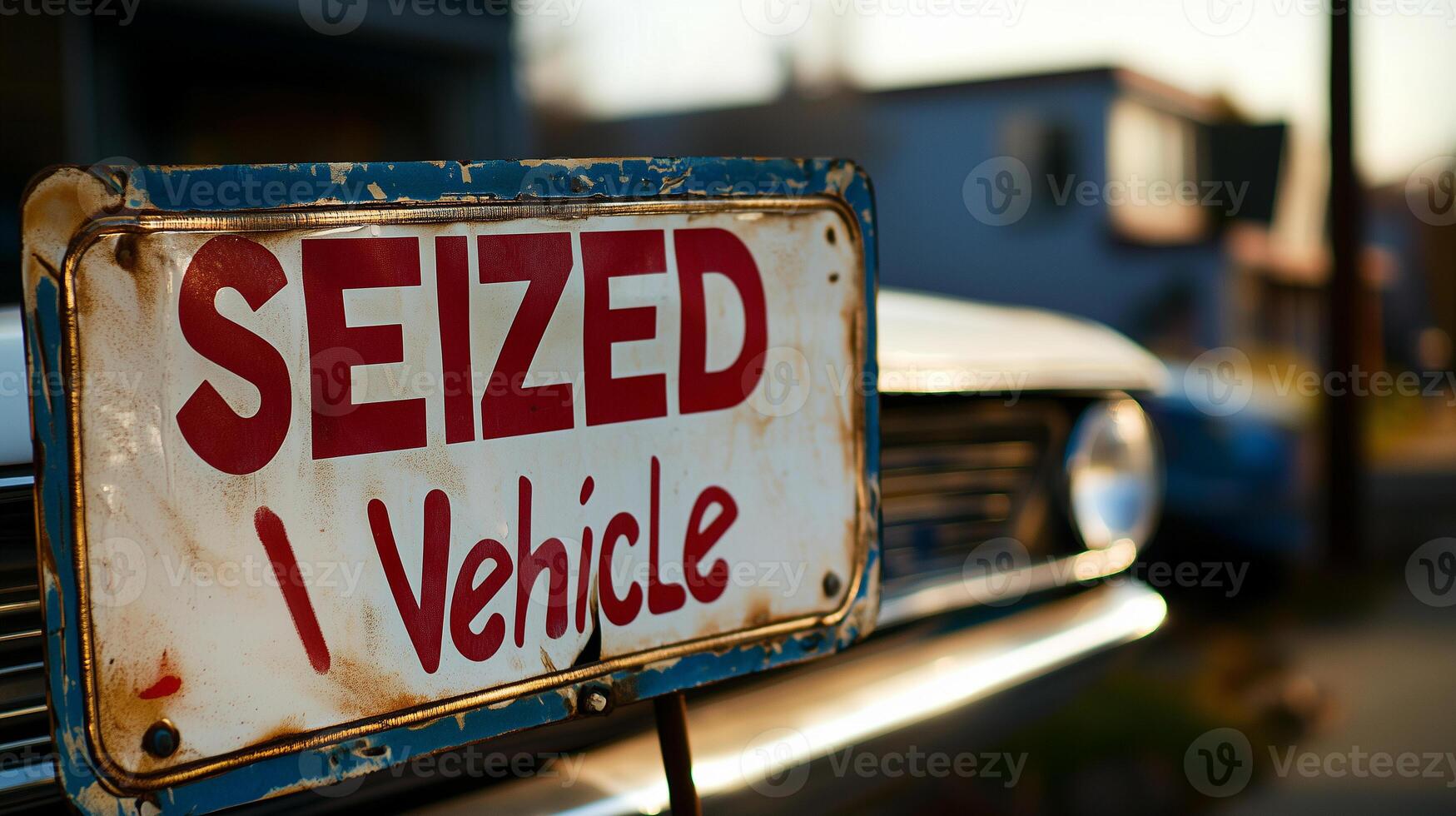 foreclosed car with a large SEIZED Vehicle sign on the car photo