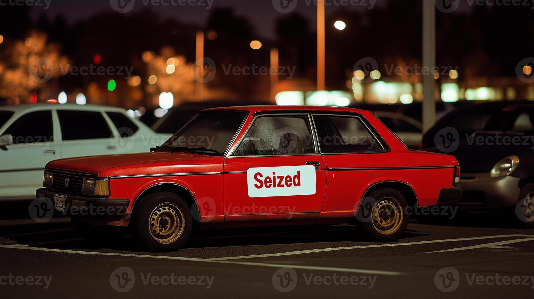 car parked in a parking lot with a Seized sticker prominently displayed on its door photo