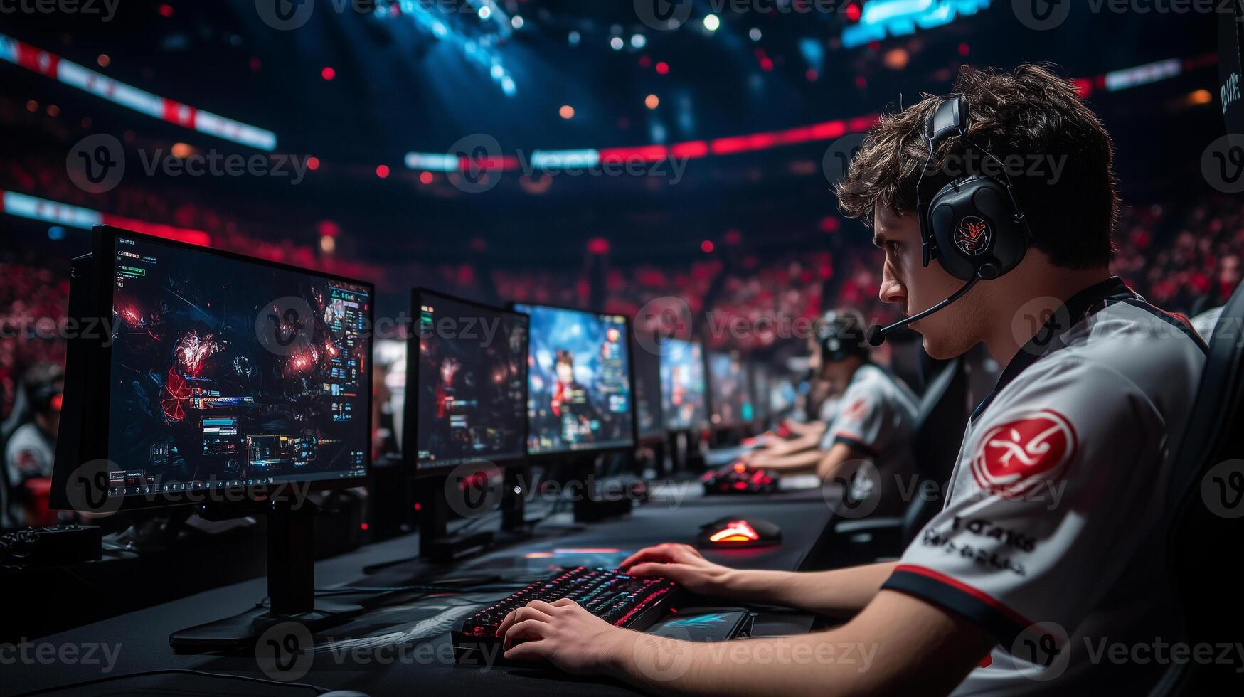professional esports players intensely focused on their computer screens photo