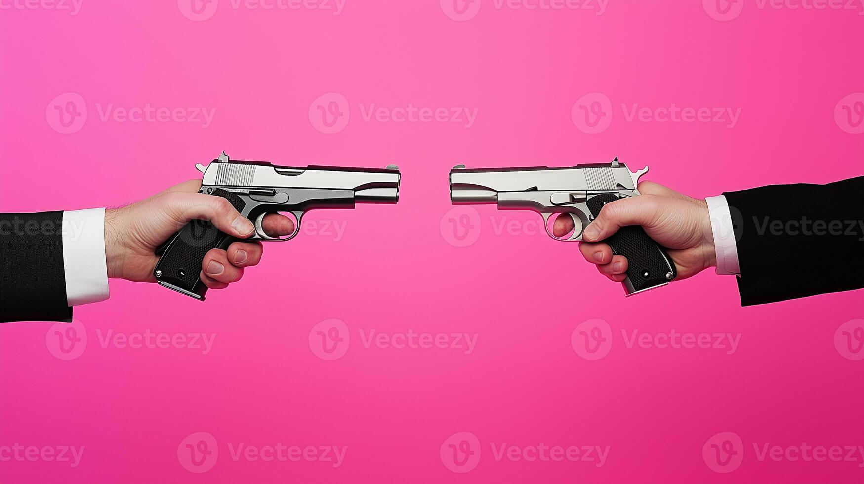 two hands wearing a suit holding a gun facing each other on pink background photo
