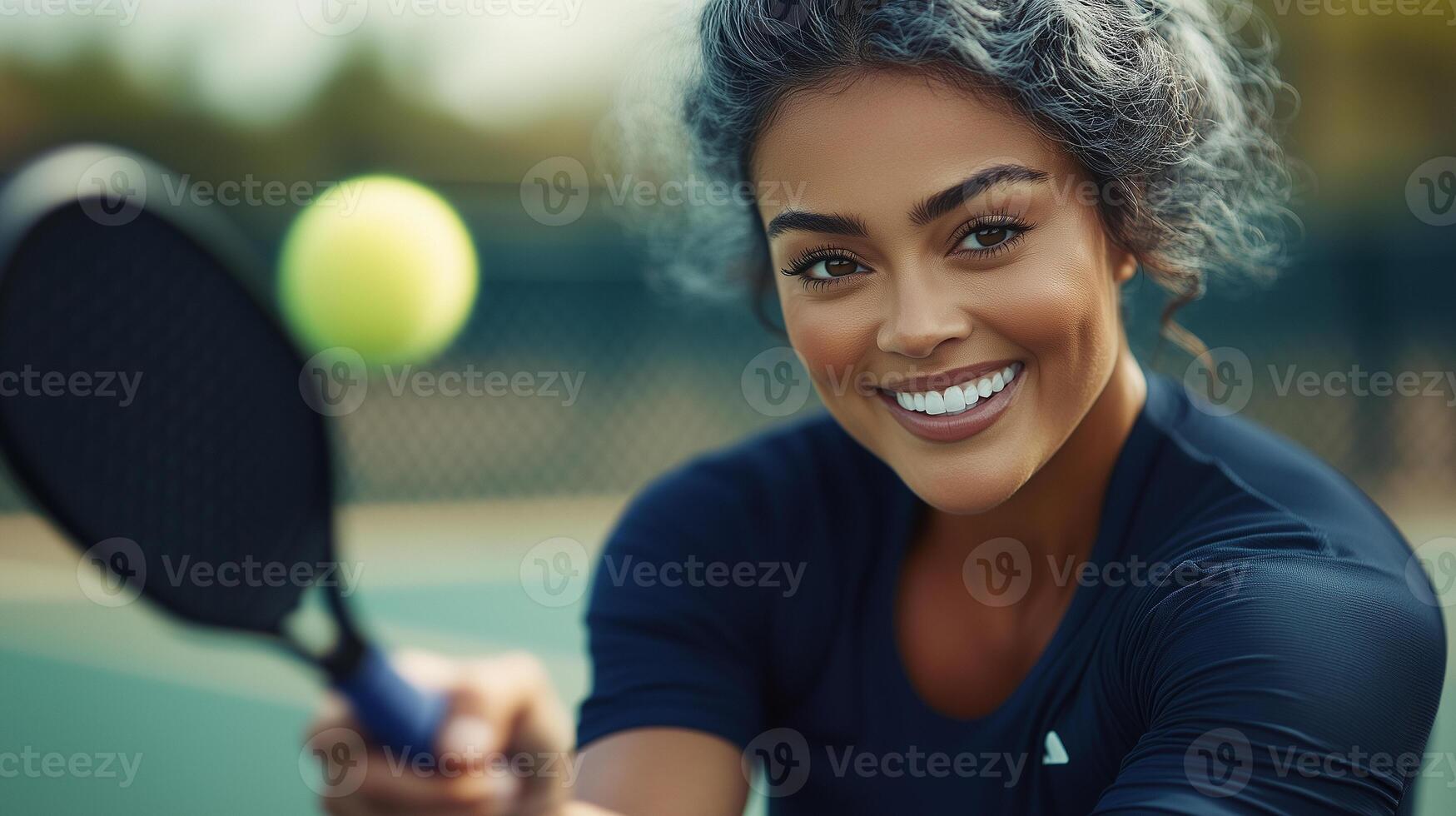 a woman is smiling while holding a tennis racket photo