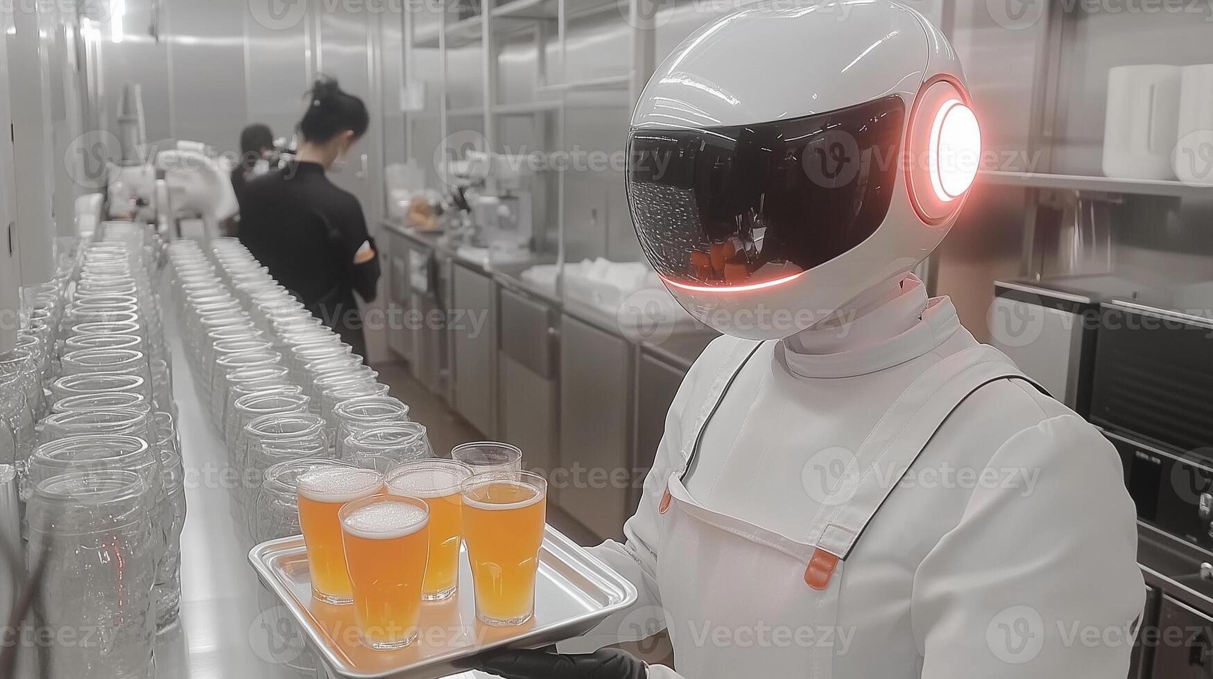 humanoid robot in a maid outfit serving a tray of drinks photo
