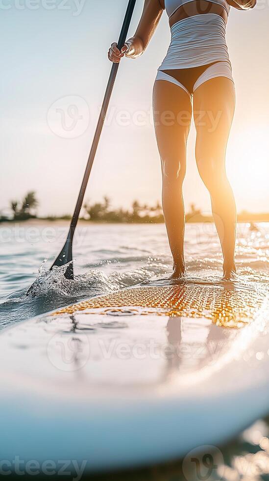 stand-up paddleboarder paddling through gentle waves at the beach photo