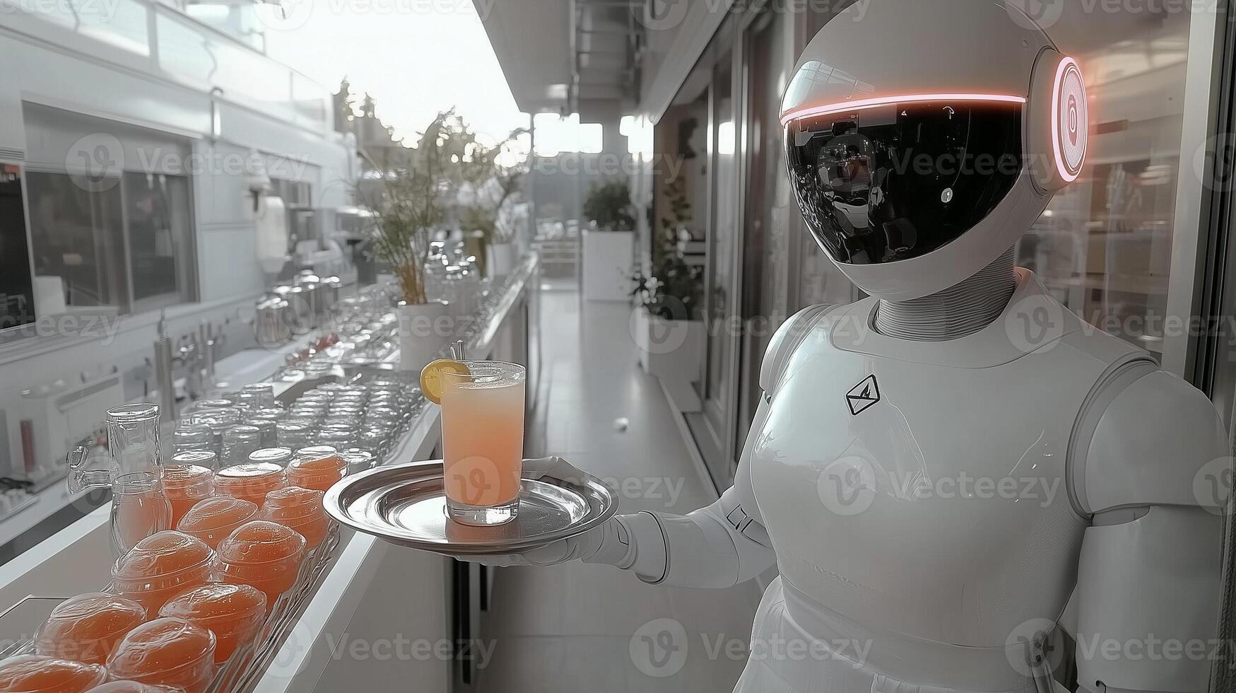 obot in a maid outfit serving a tray of drinks photo