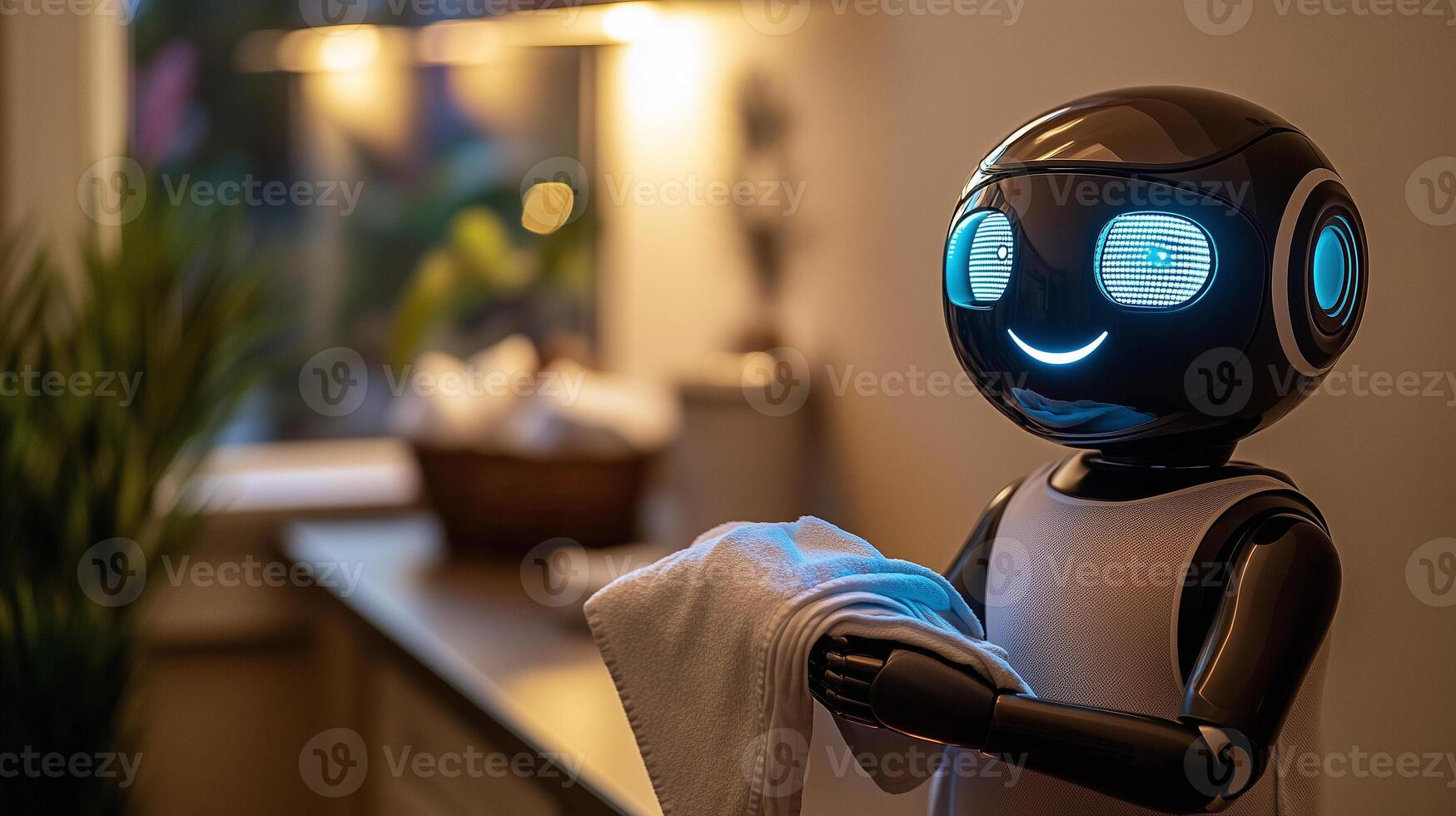 A humanoid home assistant robot folding laundry in a neat utility room photo
