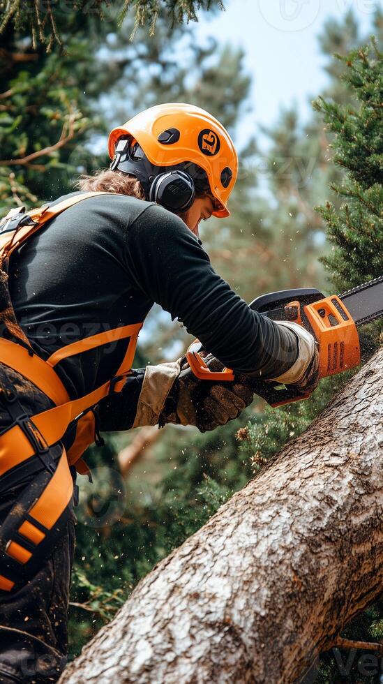professional arborist high up in a tree cutting branches with a chainsaw photo
