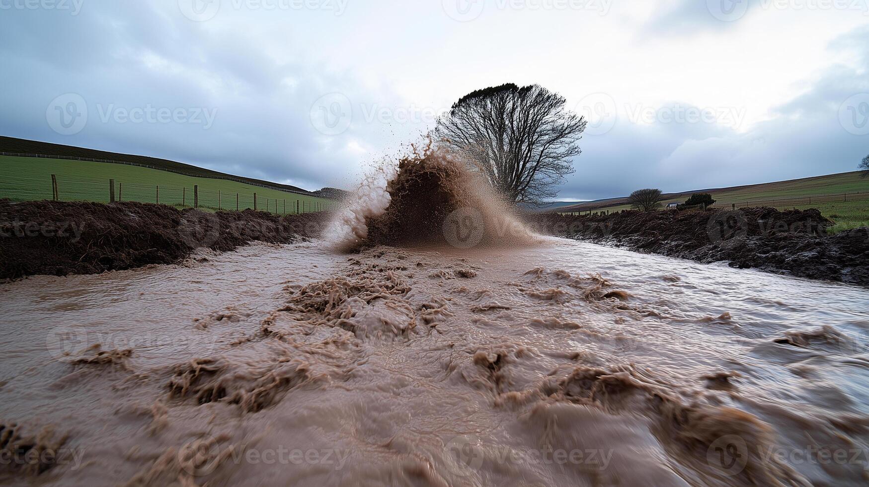 intense burst of rain over a rural landscape, with muddy water rushing through fields photo
