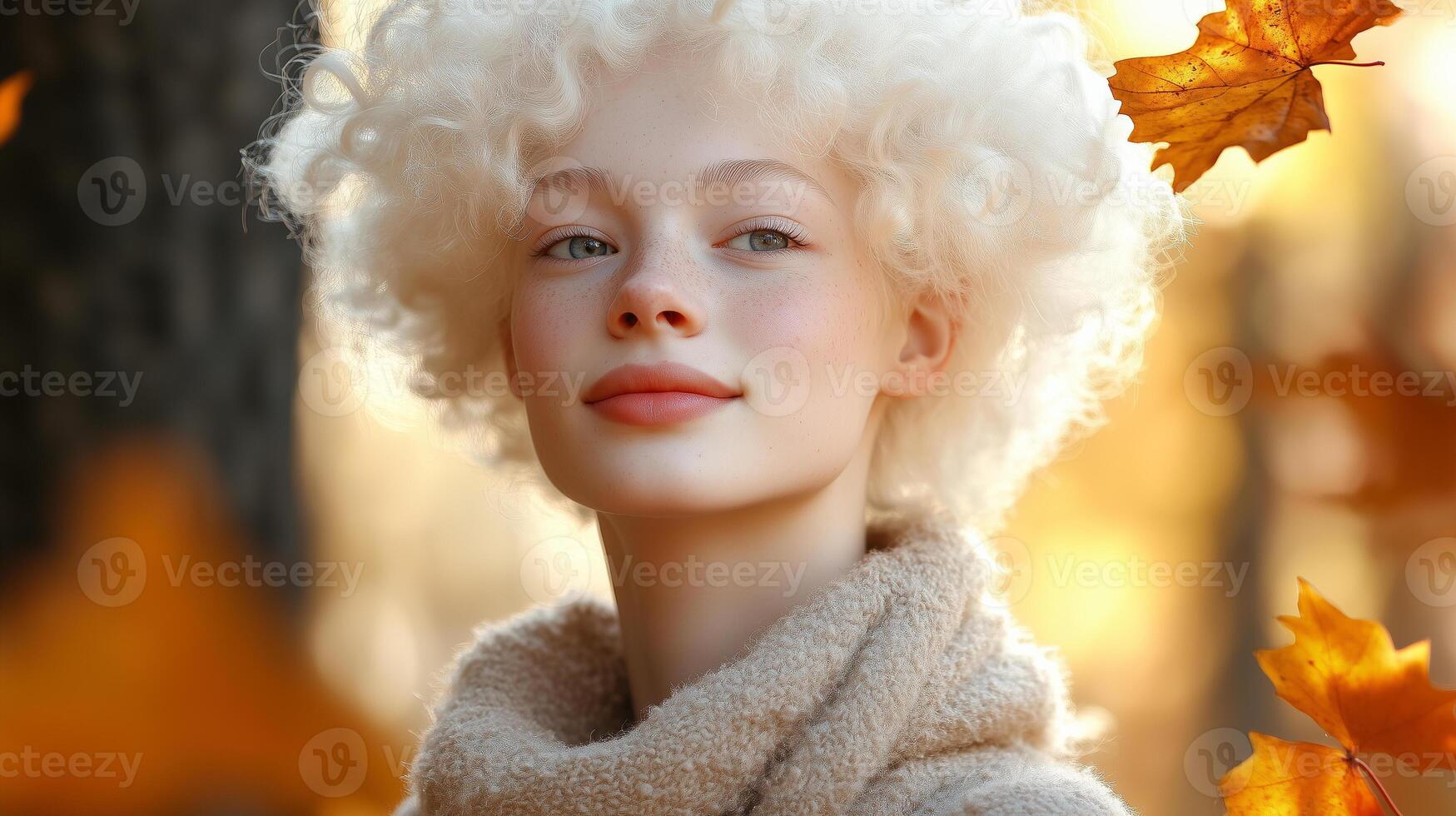 young woman with albinism stands in a sunlit forest with colorful autumn leaves floating gently around her, photo