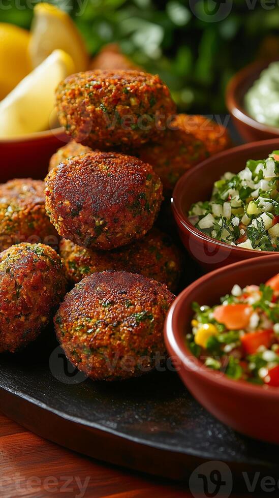 falafel, with the balls stacked on a dark, rustic serving board photo