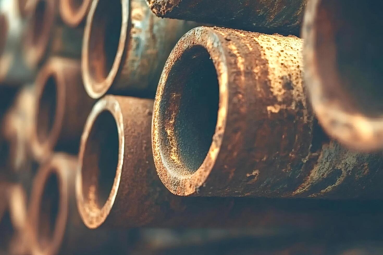 Rusty metal pipes stacked in a junkyard industrial decay photo