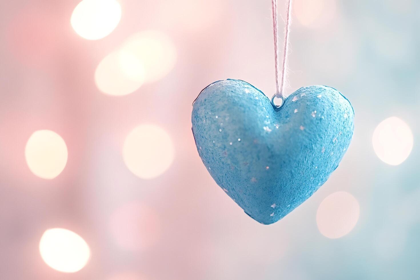 Light blue heart hanging on a string with sparkling glittering bokeh lights photo