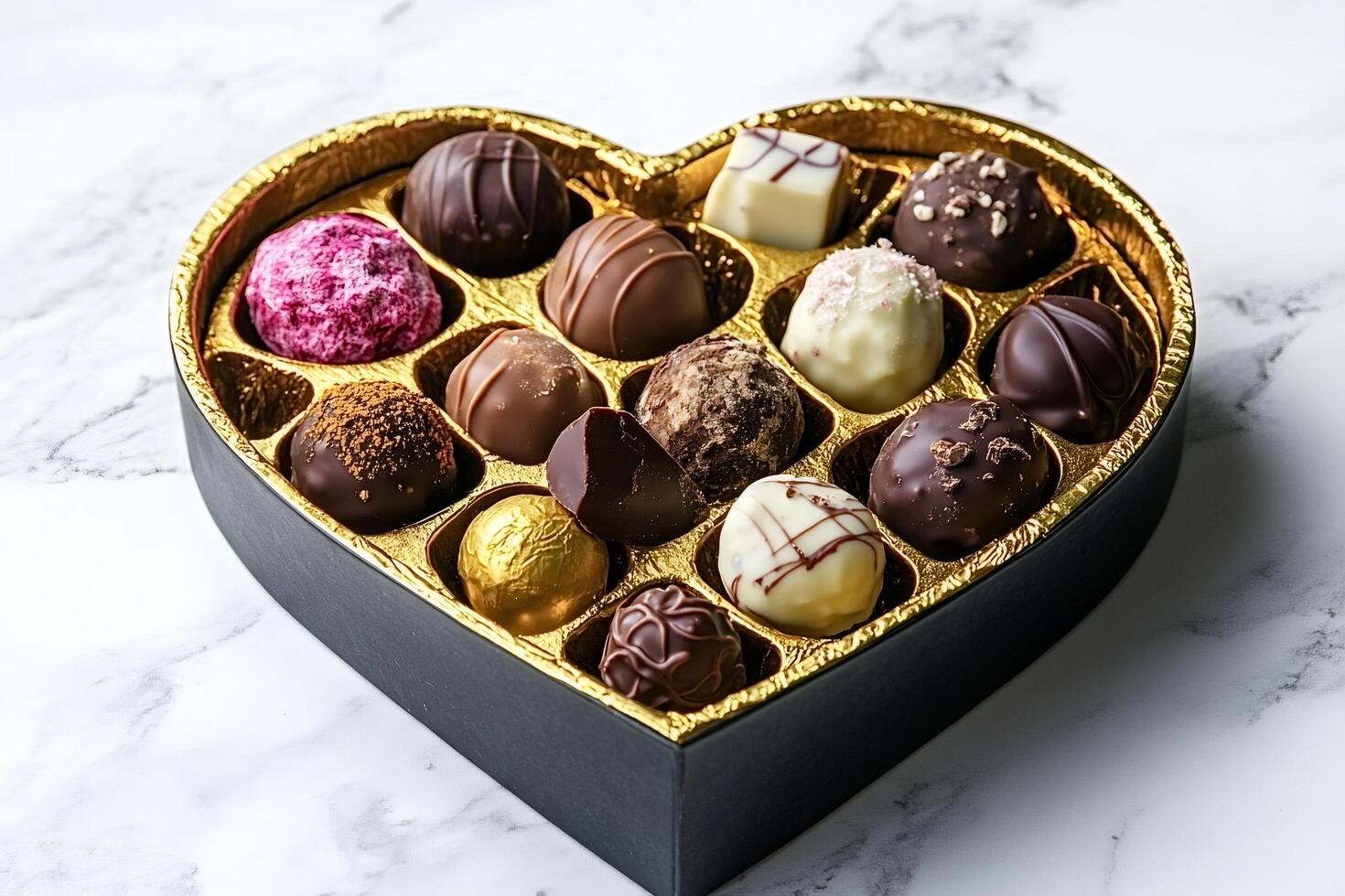 Heart shaped box overflowing with gourmet chocolates resting on marble surface photo