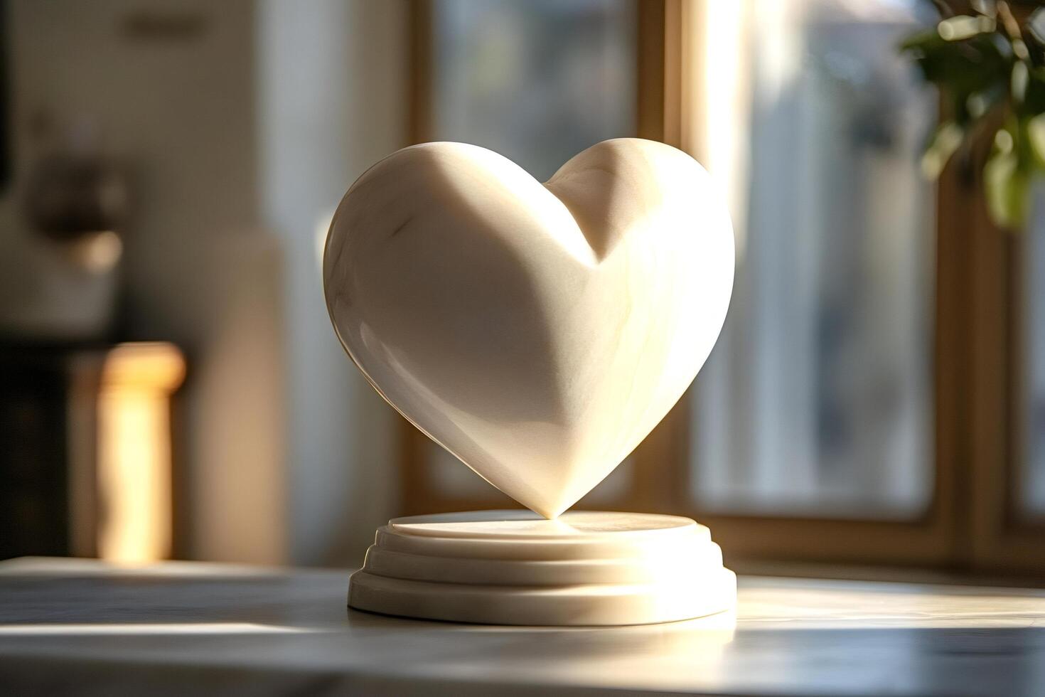 White marble heart sculpture illuminated by sunlight on a table photo