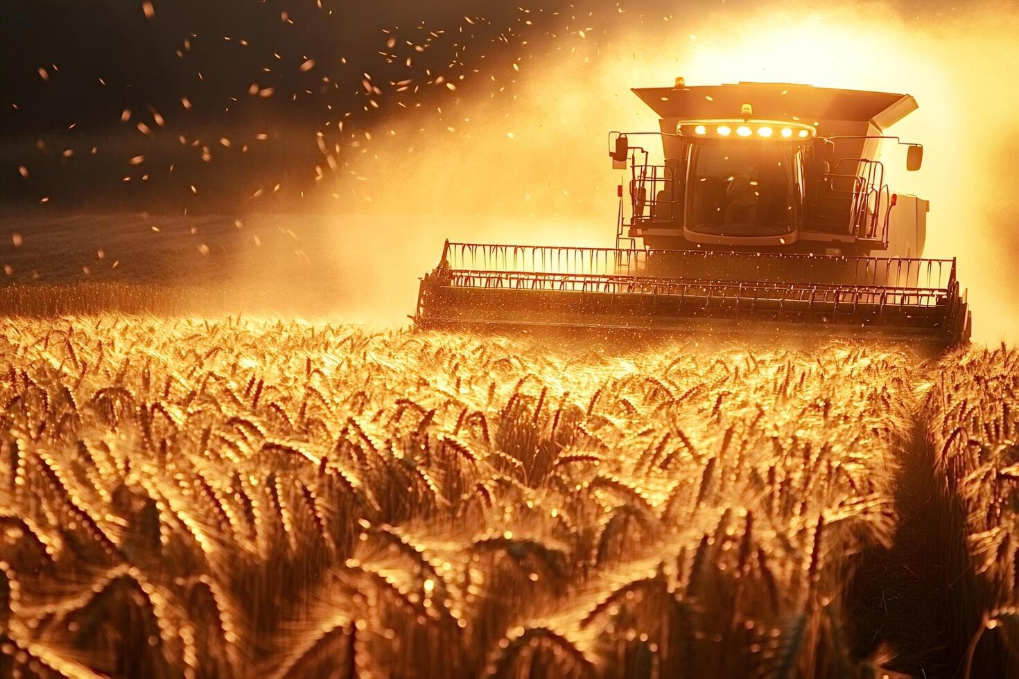 Combine harvester harvesting wheat in golden field at sunset photo
