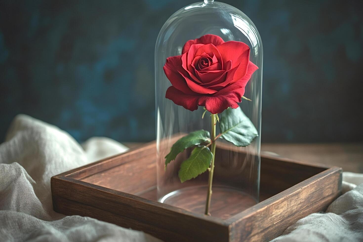 Eternal red rose preserved under glass dome on wooden tray photo