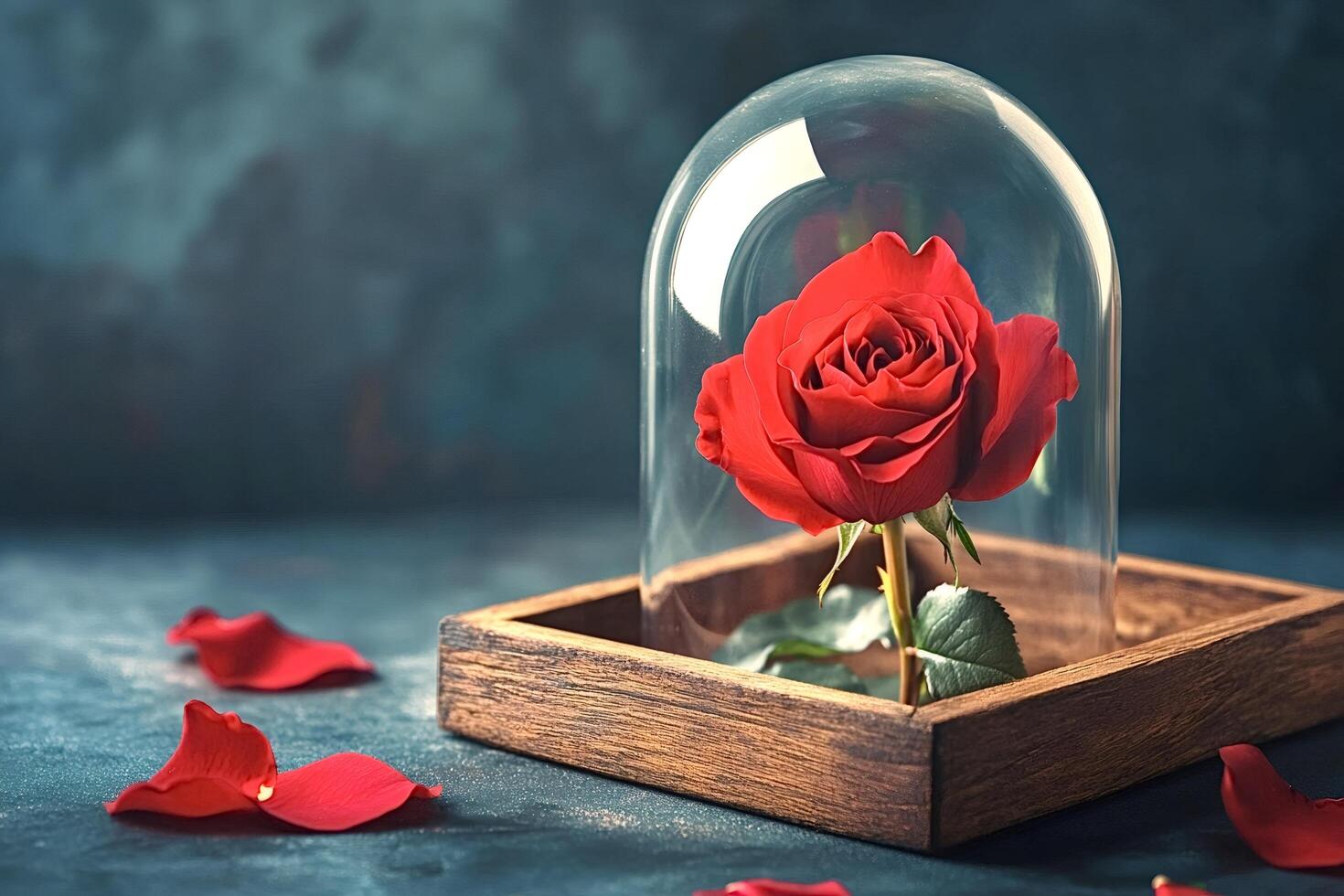 Red rose preserved under glass dome symbolizing everlasting love photo