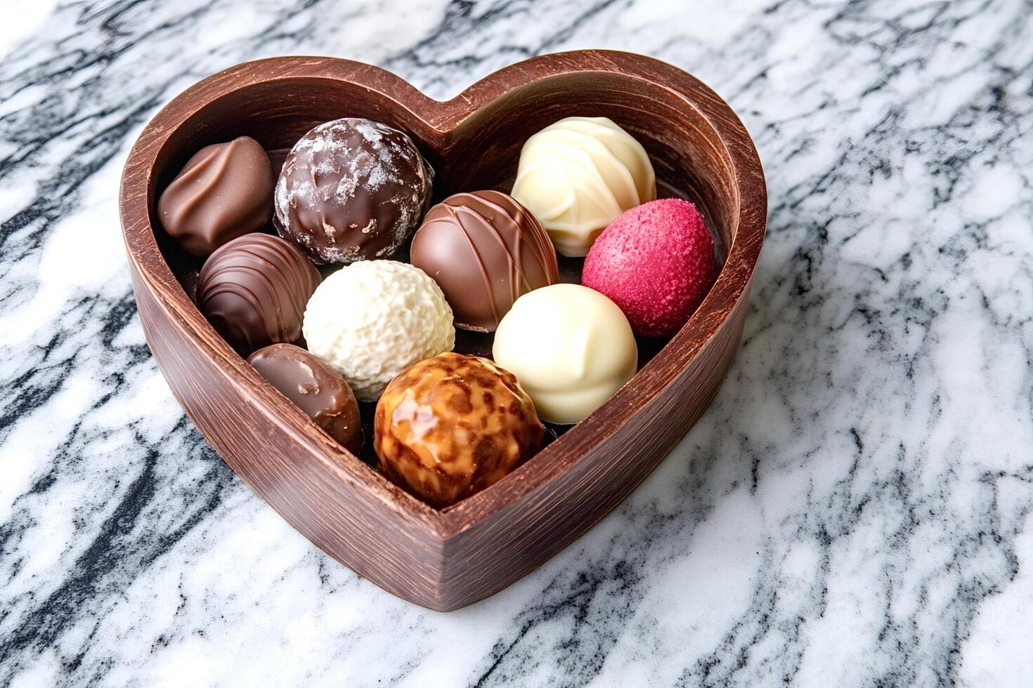 Heart-shaped wooden bowl overflowing with assorted gourmet chocolate truffles photo