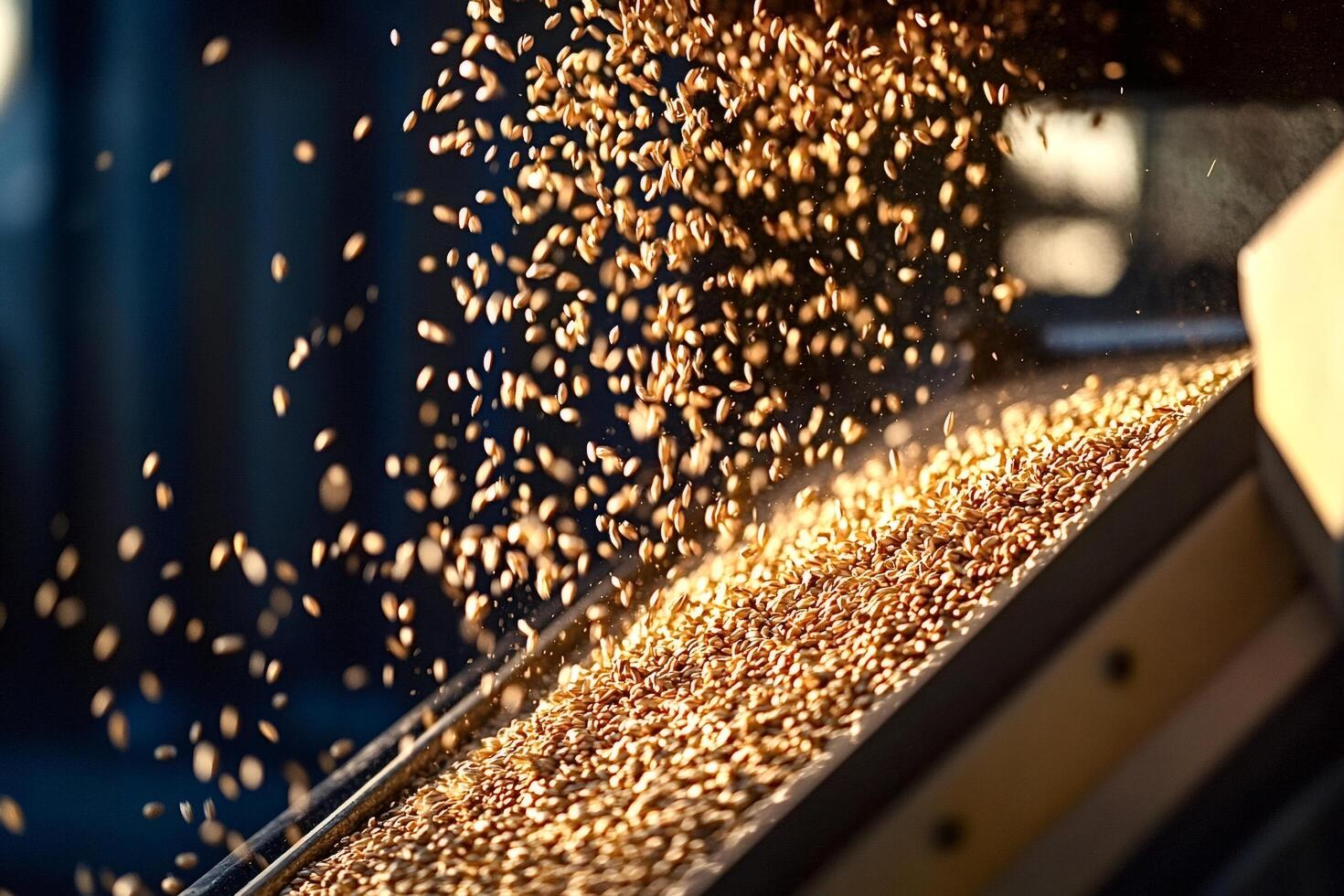 Wheat grains falling on a conveyor belt during industrial process photo