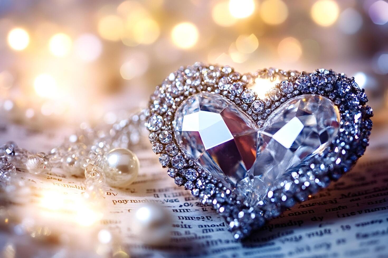 Crystal heart shaped pendant embellished with diamonds on antique book page photo