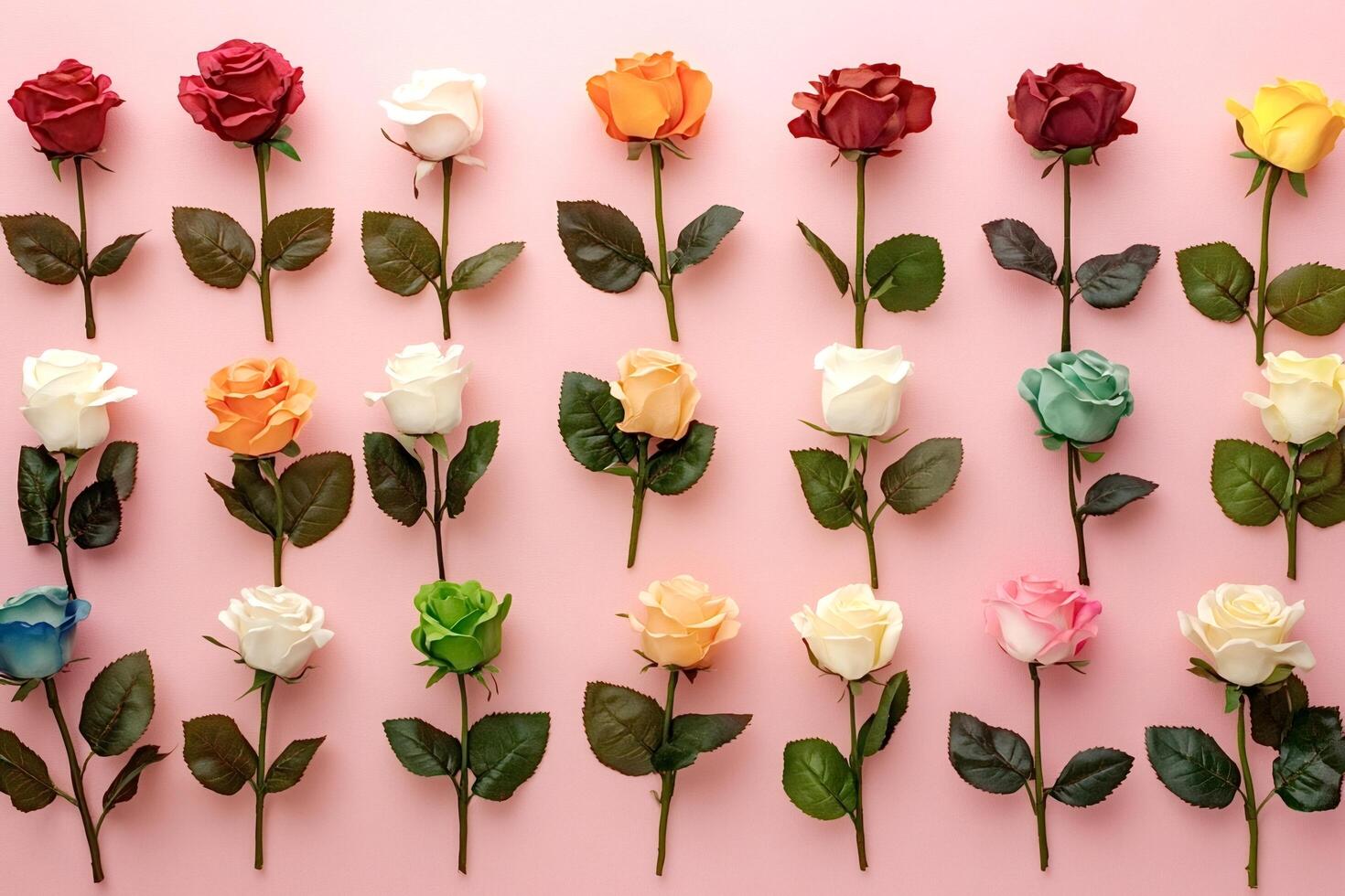 Colorful roses arranged on pink background creating stunning floral pattern photo