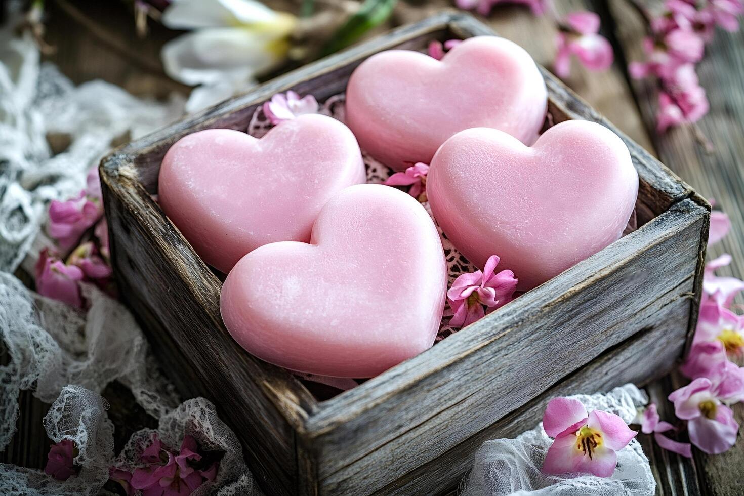 Pink heart-shaped soaps in rustic wooden box with flowers photo