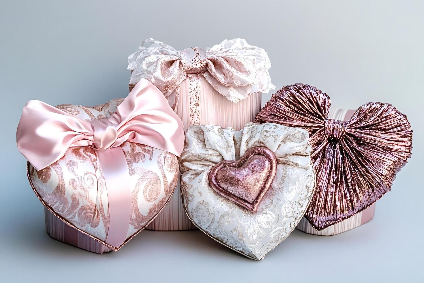 Elegant heart-shaped gift boxes decorated with bows and ribbons photo
