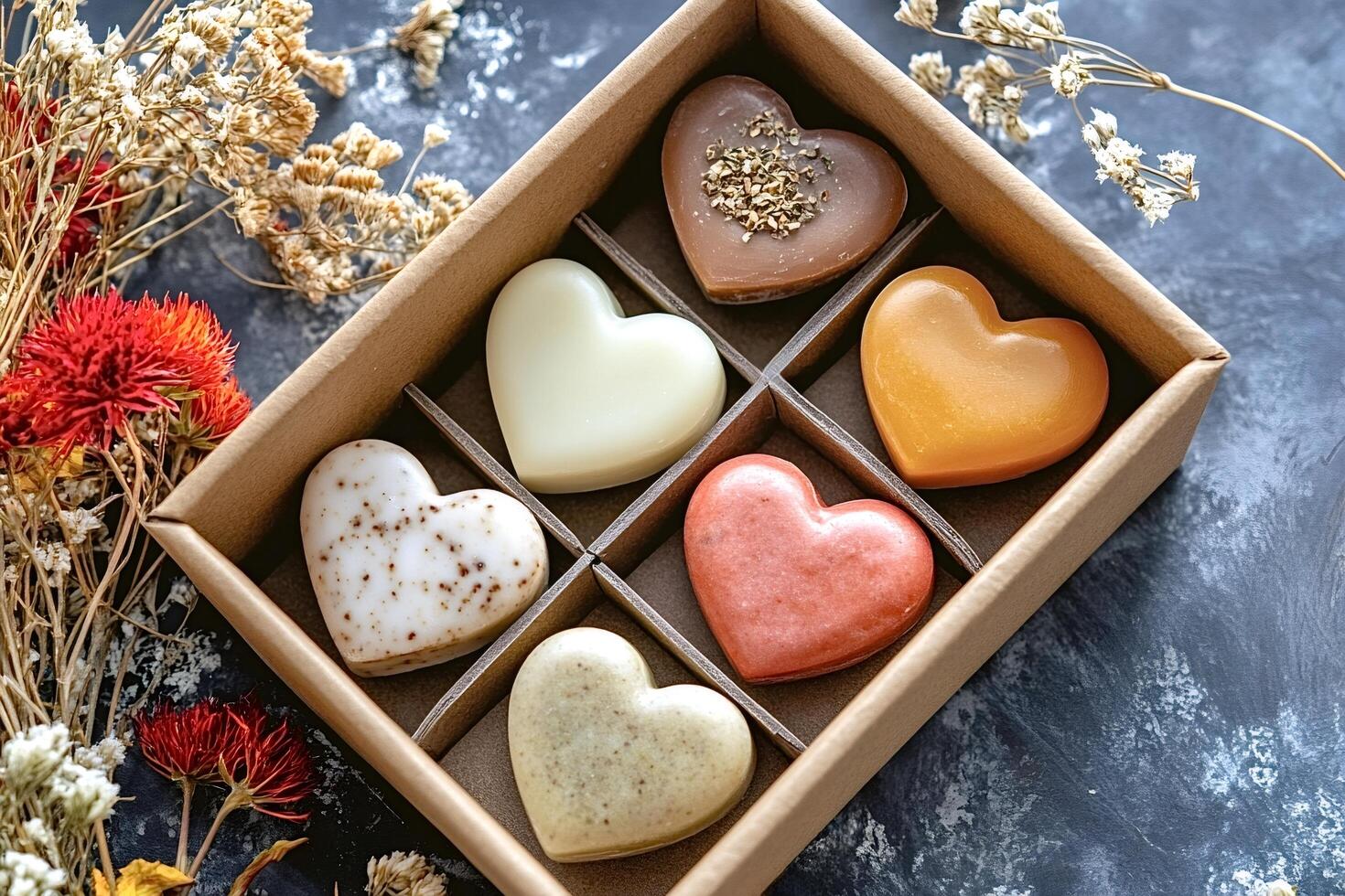 Heart shaped handmade soap bars in gift box with dried flowers photo