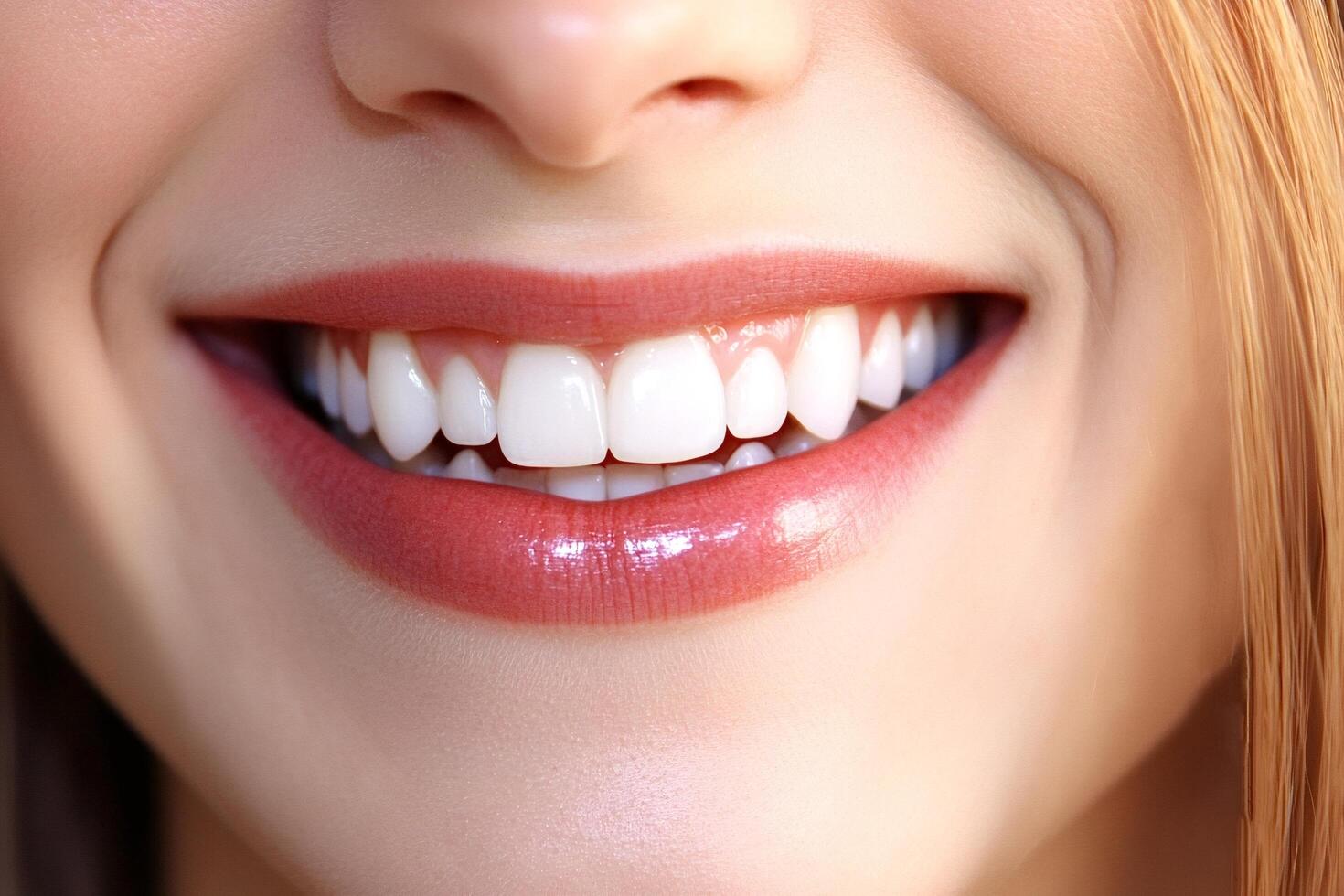 Woman smiling showing white teeth and pink lips photo
