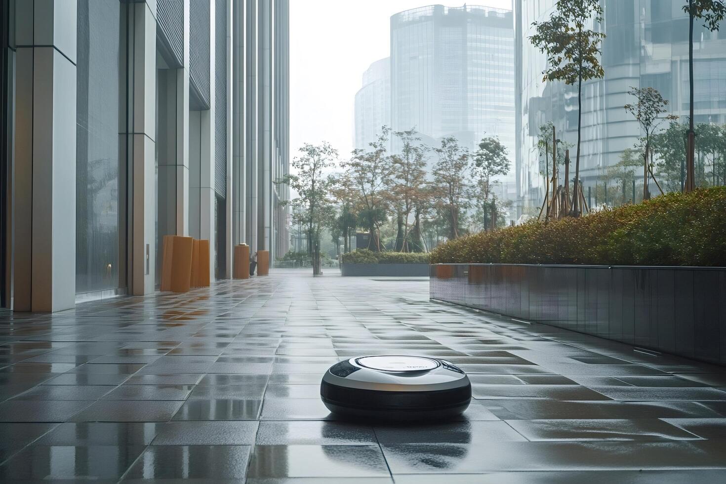 Autonomous robot cleaning a wet tiled pavement near modern buildings photo