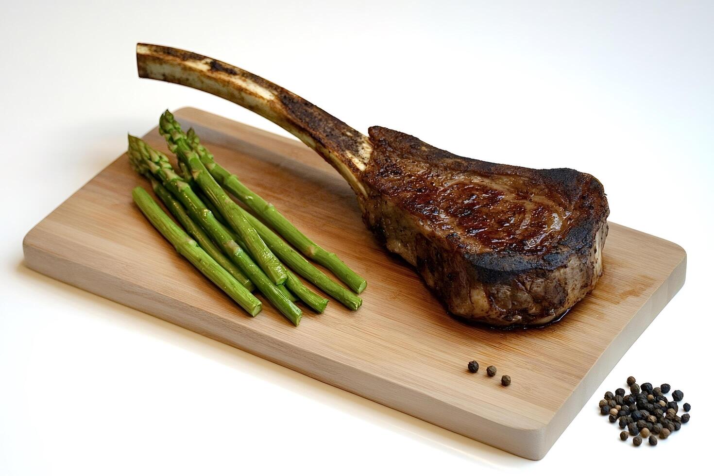 Grilled tomahawk steak with asparagus and peppercorns on cutting board photo