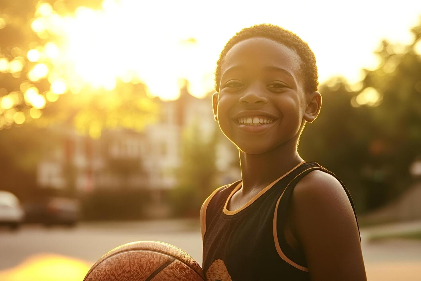 Young basketball player smiling at sunset in the city photo