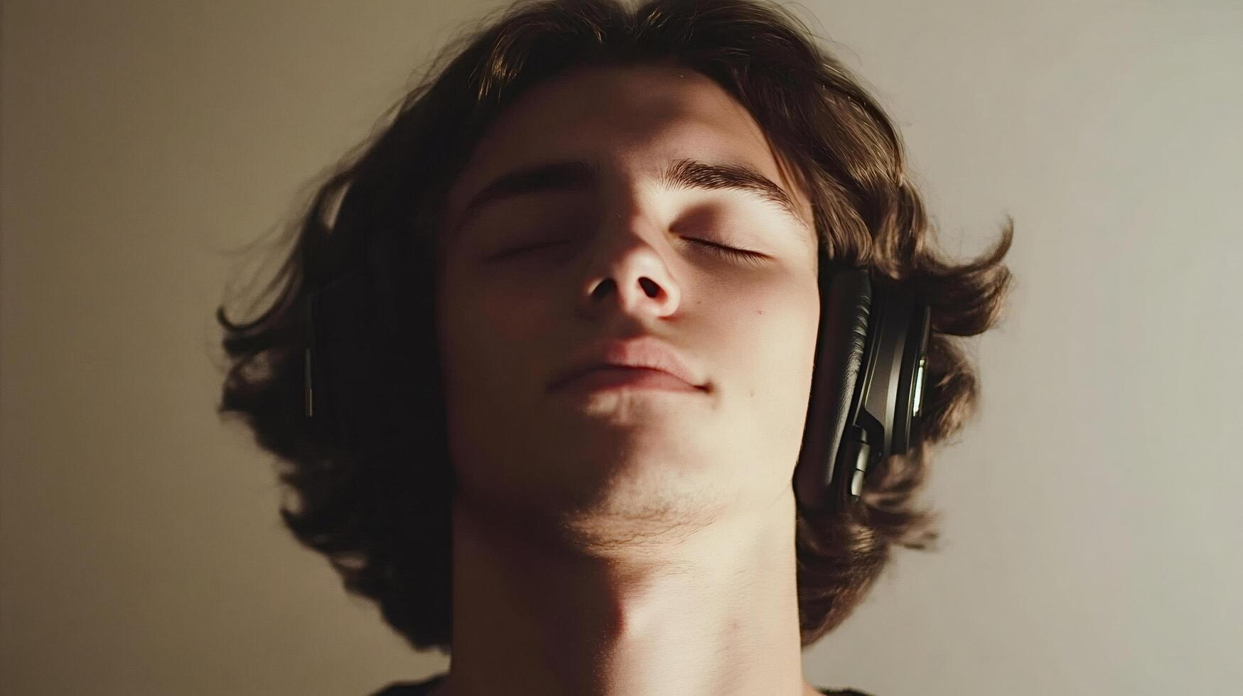 Young man enjoying music with headphones, eyes closed in blissful relaxation photo